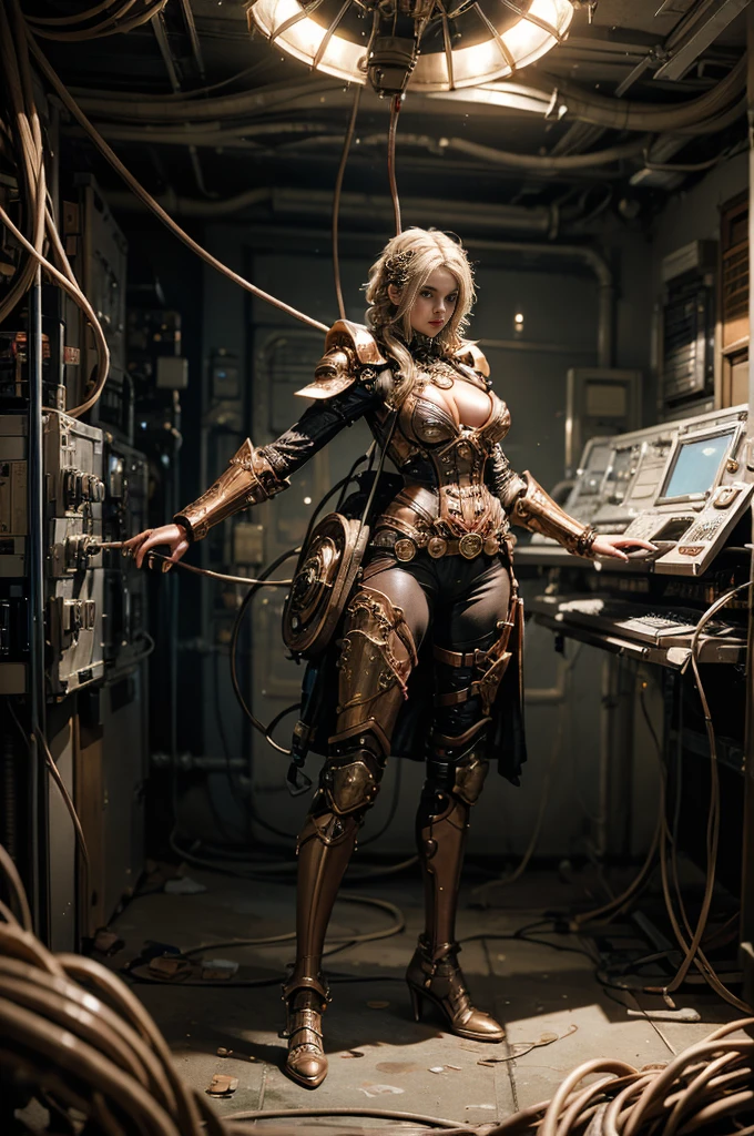 A full-length figure of a cool girl wearing a detailed steampunk armored suit. Exposed wiring, lots of cords and tubes connecting to the system. 