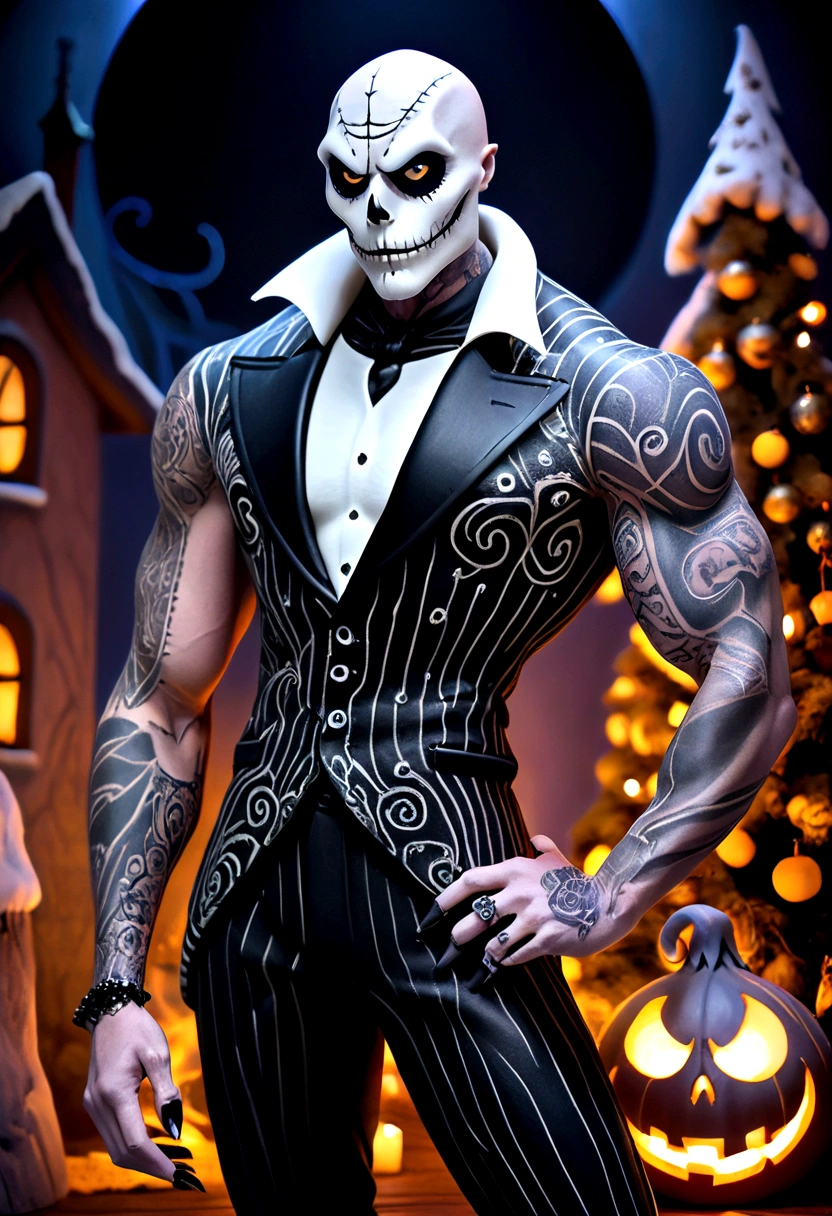 Create a hyper detailed photograph of a nightmare before Christmas tattooed muscular young sexy jack Skellington, Stunningly perfect gorgeous face, perfect makeup,detailed vibrant eyes, big beautiful muscular legs, big beautiful muscular arms, big back muscles, realistic torso, muscular abs, detailed smooth skin, big breast, big muscular ass,nightmare before Christmas