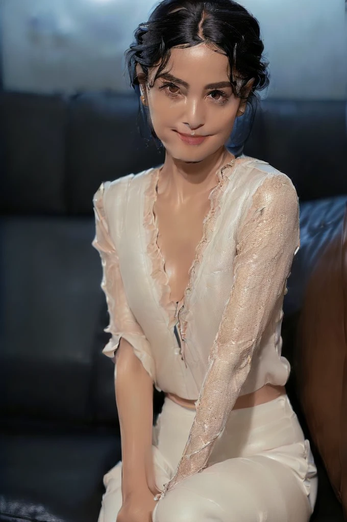 (((Ultimate Photorealistic, ultimate high-quality 32k photo))),(((American-shot photo taken from the front, looking at viewer seriously ))),(((( Seductive pose, 7 heads、Staring Intently :1.8)))),(((A simple and elegant short-sleeved business blouse made of pure white lacy, extremely thin silk with a wide open V-neck., Lacy beige underwear、She is looking straight at the camera with a very shy look on her face.。light makeup、elegant black wet middle bob。An elegant and simple beige very thin choker.:1.4)))。((Highest quality)), ((masterpiece)), (((detailed))), (((midnight ,Modern hotel bar on a dark pouring stormy night, He is sitting with his legs apart on a luxurious black leather sofa.、Hands on knees, M-legs, Low Key Lighting:1.9)))、(((A very beautiful, extremely elegant and intelligent 42 year old Japanese woman。A feminine, curvaceous body。Beautiful line from hips to thighs、Extremely beautiful legs and calves、Cleavage, thighs and groin are clearly visible、An extremely elegant, calm and modest smile, My eyes are extremely watery、I&#39;m very horny、embarrassed ,blush, Curvy Body、Extremely realistic, detailed and beautiful depiction of the face, waist and thighs,Beautiful knees:1.9)))、(((The skin is white and very smooth。A very hot rainy summer night、I&#39;m pretty sweaty、My clothes were soaked and pretty see-through.、When wet, it sticks tightly to the skin, revealing the beautiful lines of the body.、The skin is clearly visible through the extremely thin fabric.:1.9)))。(((A simple and elegant business pencil skirt in a plain blue knee-length,The clothes fit the body very well:1.8))), ((Healthy Body、The line of the chest, collarbone and extremely beautiful and feminine décolleté are the ultimate beauty.:1.9))。(((large&good hips、large&nice chests )))