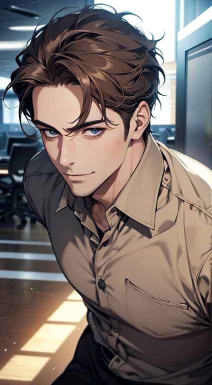 (best quality,4k,8k,highres,masterpiece:1.2),ultra-detailed,(realistic,photorealistic,photo-realistic:1.37),1 man,31 years old,mature man,very handsome,without expression,smile,short grey brown hair,blue eyes,penetrating gaze,perfect face without errors,imposing posture,businessman,office background,cinematic lighting,hdr image