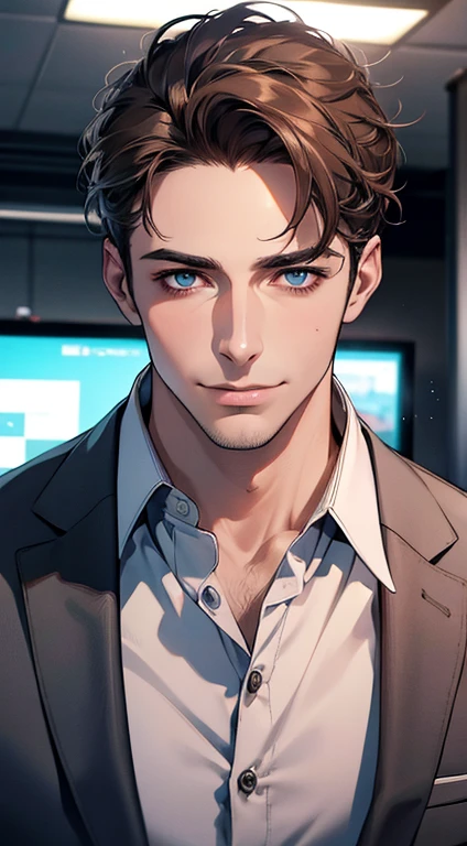 (best quality,4k,8k,highres,masterpiece:1.2),ultra-detailed,(realistic,photorealistic,photo-realistic:1.37),1 man,31 years old,mature man,very handsome,without expression,smile,short grey brown hair,blue eyes,penetrating gaze,perfect face without errors,imposing posture,businessman,office background,cinematic lighting,hdr image
