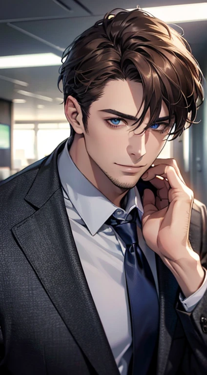 (best quality,4k,8k,highres,masterpiece:1.2),ultra-detailed,(realistic,photorealistic,photo-realistic:1.37),1 man,31 years old,mature man,very handsome,without expression,smile,short grey brown hair,blue eyes,penetrating gaze,perfect face without errors,imposing posture,businessman,office background,cinematic lighting,hdr image