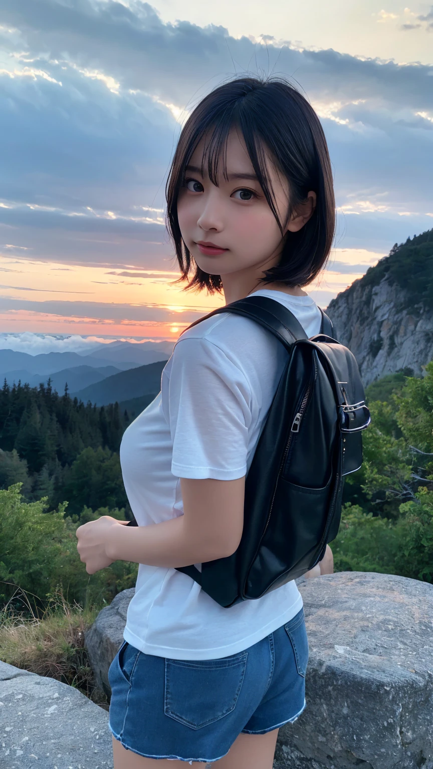 Highest quality, masterpiece, Ultra-high resolution, (Realistic:1.3), RAW Photos, (Nature landscape photography), (Majestic Mountain々The summit of the, sea of clouds), (On top of a very large mountain), (sunset), (One Girl), (Upper Body), (20-year-old), (smile:0.9), (Shiny skin), (short hair, Dark brown hair), (A loose white see-through T-shirt), (Tight casual super short pants), (Carry a large backpack on your back), (Ultra detailed face), (Nipple erection:1.2), (Highly detailed eyes), (Highly detailed nose), (Highly detailed mouth), (Very skilled hands), (Super-detailed body), Sony a7, 85mm lens, f9.0, Pan Focus
、High-quality lace panties available、Face the camera with your body facing forward、Face to face、