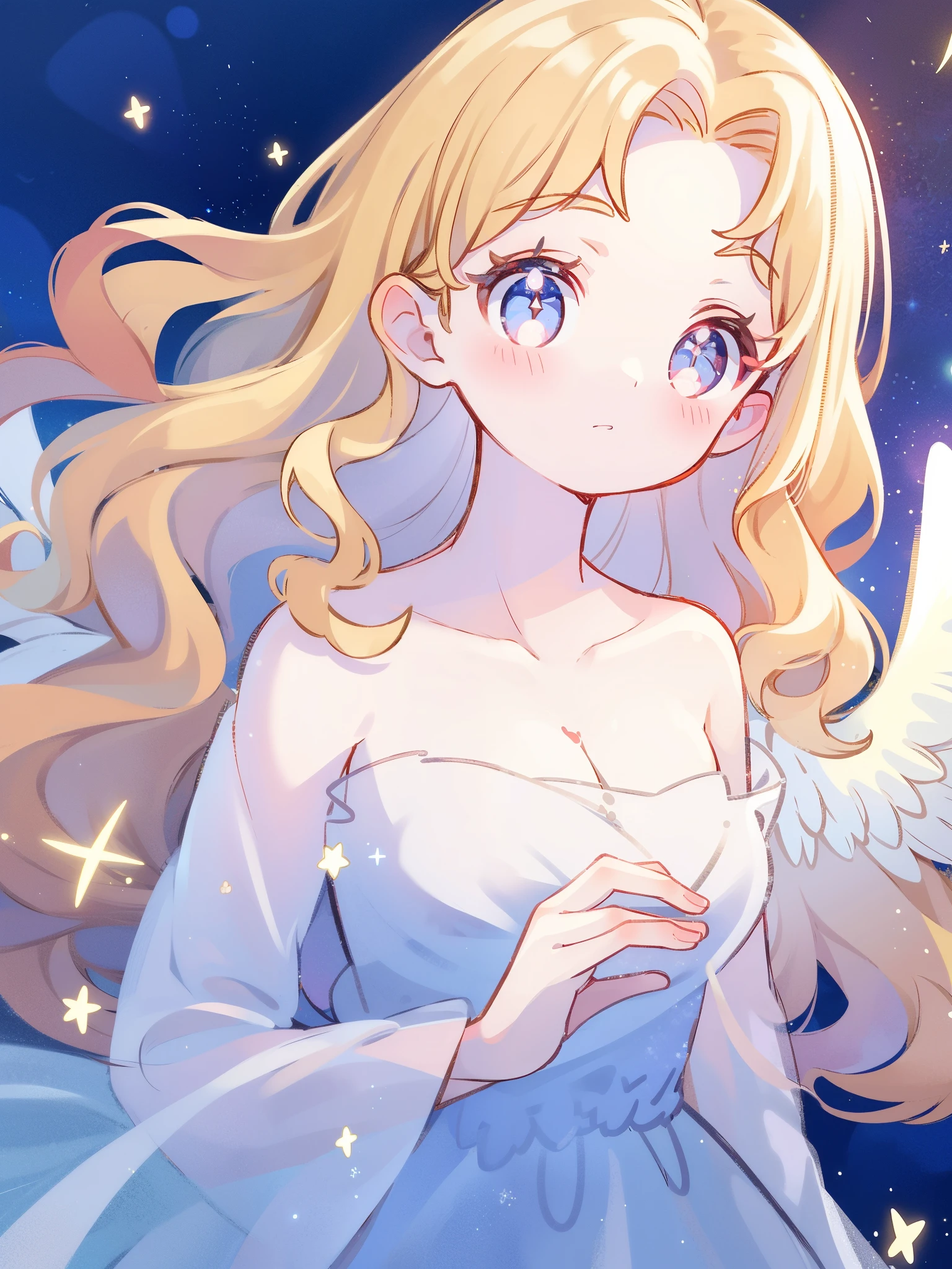 nude angel girl wearing an ethereal translucent dress, pale skin, ((white sparkling wavy hair)), white feathers, angel wings, sparkling detailed eyes, golden ratio face, perfect composition, highly detailed, ethereal, (starry night sky background), midjourney style