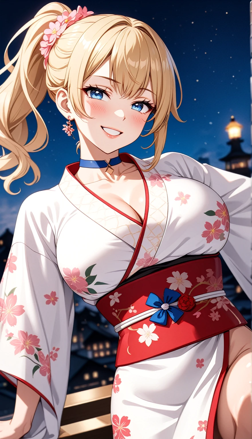 ((One personの女性)), Beautiful Face, (Laughing embarrassedly), (seductive smile:1.4), ((Wink:1.9)), (head tilt:1.3), Laugh with your mouth wide open, upper teeth, looking at viewer, ((Bright red cheeks:1.2)),Glossy Red Lips,rooftop, firework, Glossy red lips, Shining Face, ((Anime style background)),masterpiece, Highest quality, so beautiful,up to date, Complex details, (Pink long nails), (nail art), (ring),(bracelet),(Floral choker),AI-generated, Complex,High resolution, Highest quality, super high quality,3D Images、3D Images,One person,Blonde long hair,High Ponytail, wavy hair, Anime woman posing for a photo,(blue eyes), ((Fine grain、Lightly pigmented blue eyes、Shining Eyes:1.3)), (Squint your eyes:1.1),a hyperRealistic , hyperRealistic , Realistic,Long and blonde anime woman, Smooth anime CG art, A woman wearing a gorgeous kimono with pink floral patterns, (White long sleeve kimono),(Large white floral pattern) ,Long flower hair ornament,Earrings,Mature Body,(Big Breasts:1.1),Tall,Abdominal muscles,Tight waist, (face focus), (knee shot:1.2), (dutch angle:1.3),