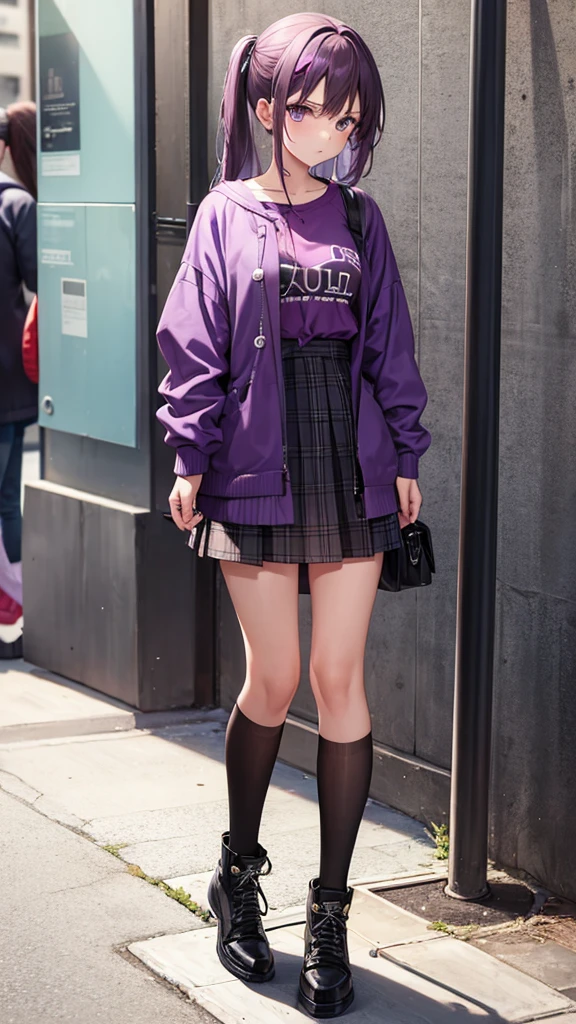1 girl, grunge clothing, purple clothing, street
