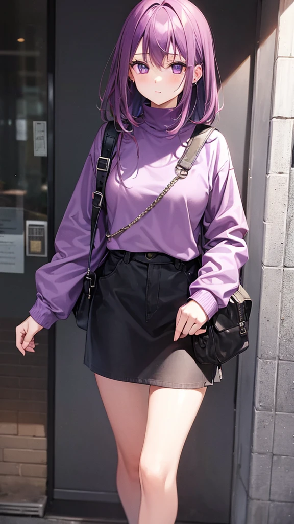 1 girl, grunge clothing, purple clothing, street