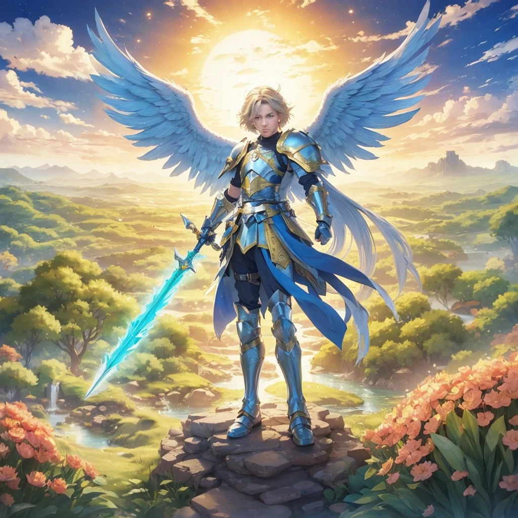 Male Youth with blonde hair, brown eyes and fair skin, wearing green medieval knight armor and gray trousers, gauntlets and boots, weilding spear, fullbody, medieval background, muscular