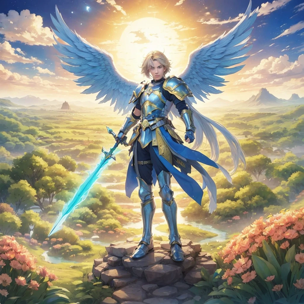 Male Youth with blonde hair, brown eyes and fair skin, wearing green medieval knight armor and gray trousers, gauntlets and boots, weilding spear, fullbody, medieval background, muscular