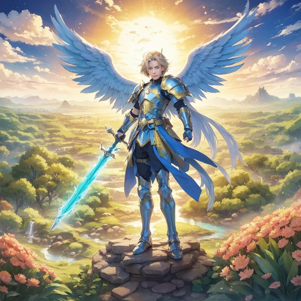 Male Youth with blonde hair, brown eyes and fair skin, wearing green medieval knight armor and gray trousers, gauntlets and boots, weilding spear, fullbody, medieval background, muscular
