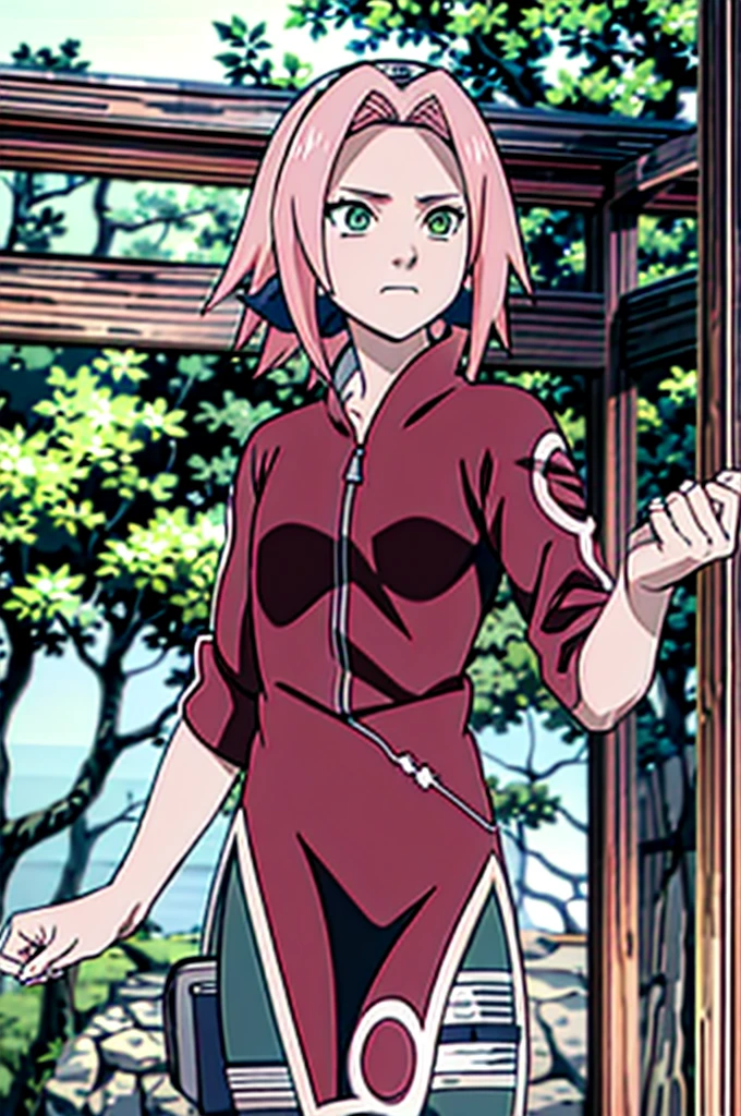 Masterpiece, best quality, 4k, uhd, highres, extremely detailed 8K wallpaper.
1girl, (haruno sakura), naruto \(series\), 1girl, solo, masterpiece, best quality, 4k, uhd, highres, extremely detailed 8K wallpaper, upper body, slim waist, small breasts, flat chest.
Focus upper body, slim body, some muscular, forest background, tsundere face, detailed face, green eyes, short pink hair.