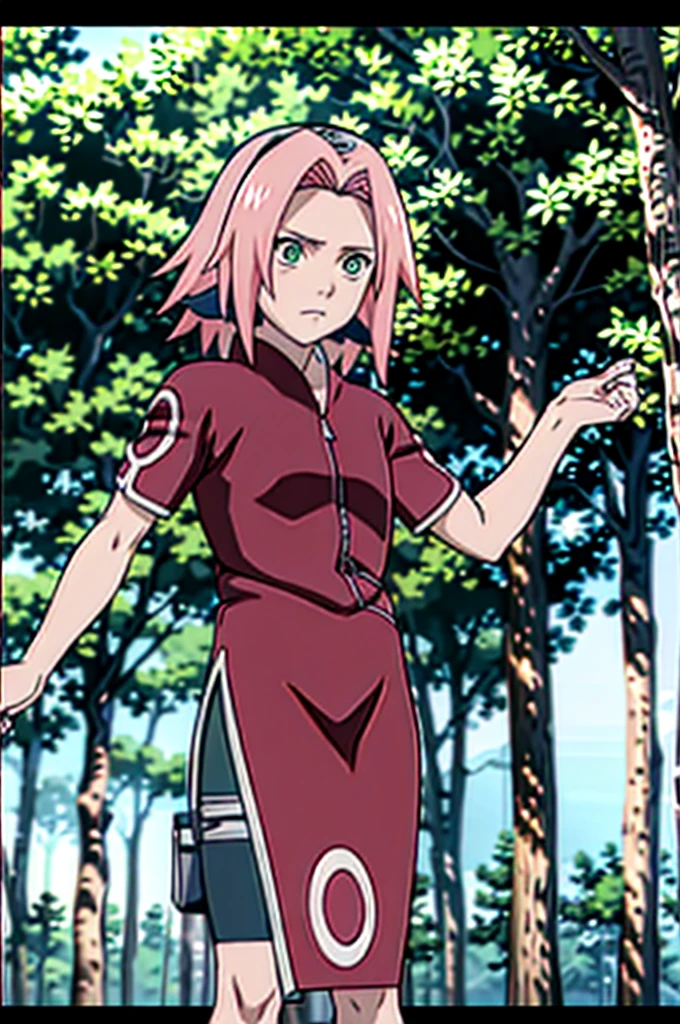 Masterpiece, best quality, 4k, uhd, highres, extremely detailed 8K wallpaper.
1girl, (haruno sakura), naruto \(series\), 1girl, solo, masterpiece, best quality, 4k, uhd, highres, extremely detailed 8K wallpaper, upper body, slim waist, small breasts, flat chest.
Focus upper body, slim body, some muscular, forest background, tsundere face, detailed face, green eyes, short pink hair.