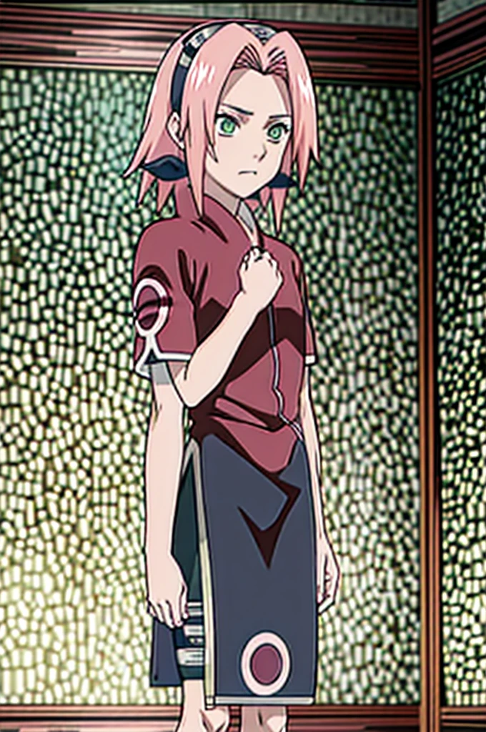 Masterpiece, best quality, 4k, uhd, highres, extremely detailed 8K wallpaper.
1girl, (haruno sakura), naruto \(series\), 1girl, solo, masterpiece, best quality, 4k, uhd, highres, extremely detailed 8K wallpaper, upper body, slim waist, small breasts, flat chest.
Focus upper body, slim body, some muscular, forest background, tsundere face, detailed face, green eyes, short pink hair.