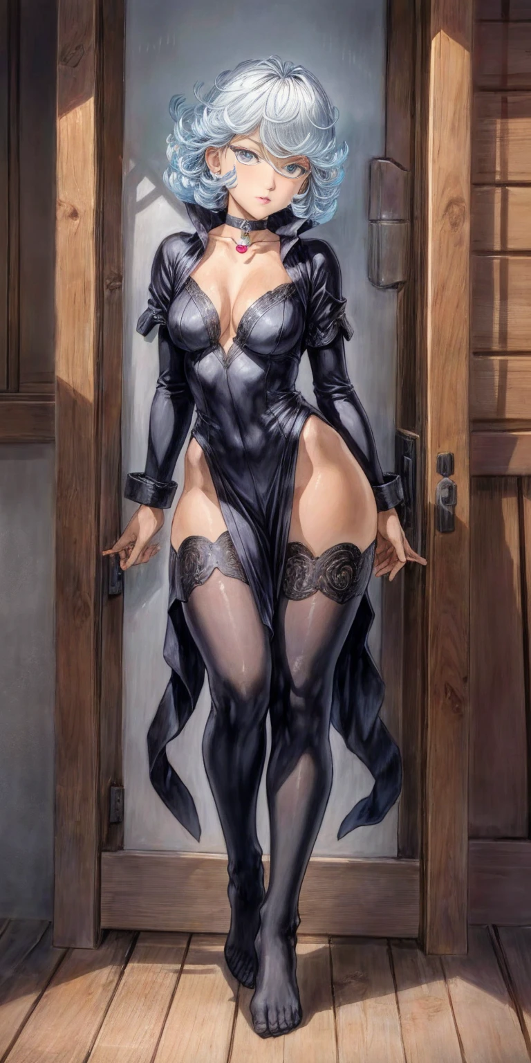 (Masterpiece, best quality, intricate details, 1sologirl) iron collar, arms behind back, iron cuffs, shackles, leather collar choker neck bell, bound ((standing by wooden pole:1.2)) ((female Black Dark skin Gyaru)) show entire body frontal position, feet in view, realistic, gorgeous 16y.o. darkest skinned mixed race female, black African, transparent black pantyhose, legs open, museum,barefoot no shoes, looking to viewer straight symmetrical, white silver long hair