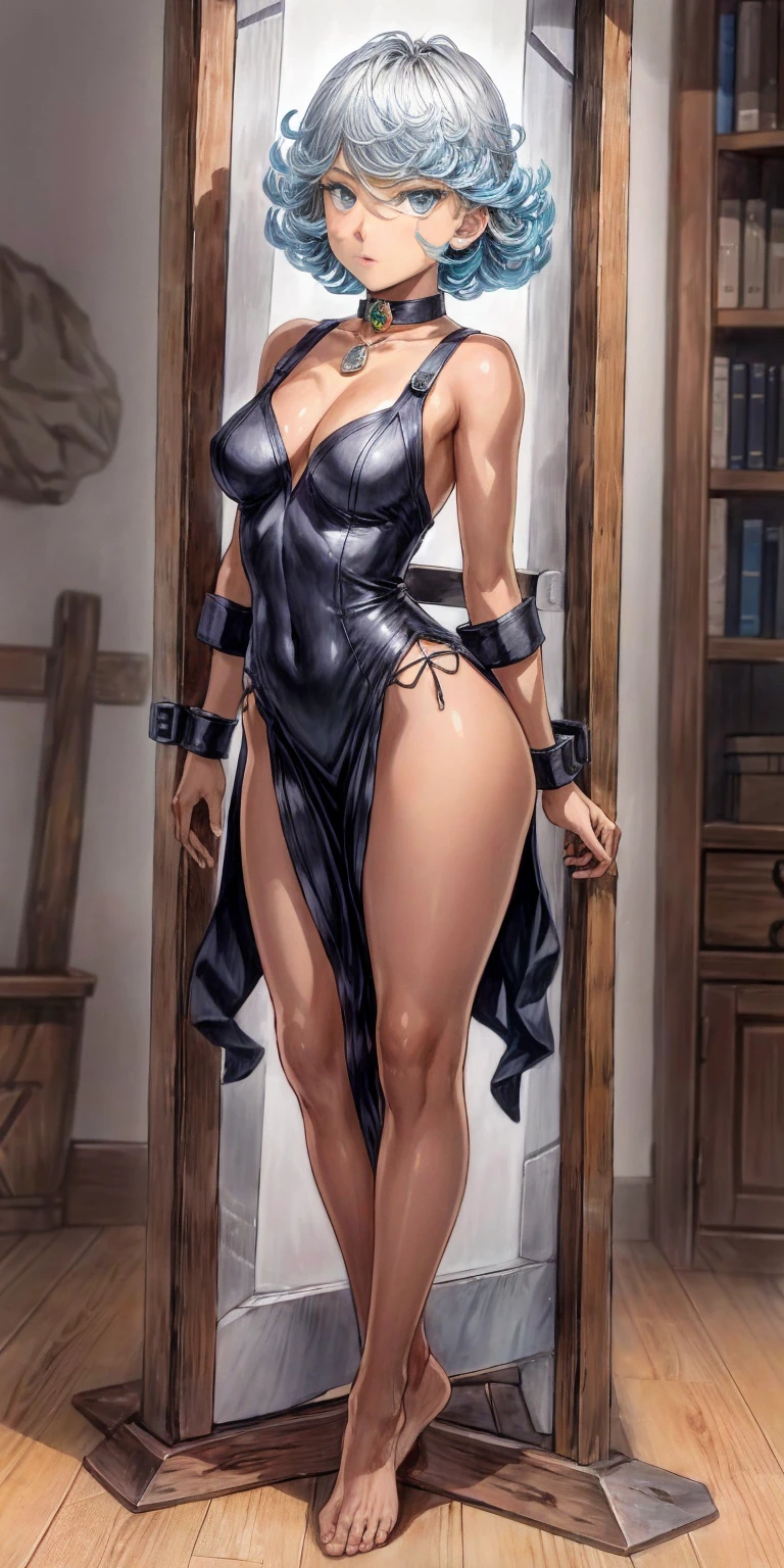 (Masterpiece, best quality, intricate details, 1sologirl) iron collar, arms behind back, iron cuffs, shackles, leather collar choker neck bell, bound ((standing by wooden pole:1.2)) ((female Black Dark skin Gyaru)) show entire body frontal position, feet in view, realistic, gorgeous 16y.o. darkest skinned mixed race female, black African, transparent black pantyhose, legs open, museum,barefoot no shoes, looking to viewer straight symmetrical, white silver long hair