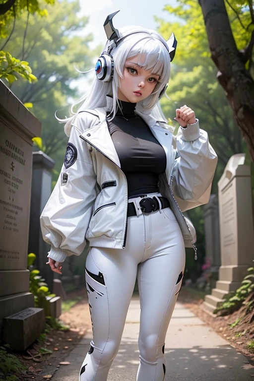 create me an image of dynamic model standing pose. Beautiful Indonesian white mecha-lady with black messy hairdo, her hands shape like giant white robotic-arms, big headphones, cute devil horns. she is wearing a white black futuristic mecha-long jacket. Inside, she is wearing a black zip turtle neck shirt, white mecha-belt, leg armor, white mecha-pants, white doc martens boots. Standing clenching fist up in a dark shady cemetery with many dry trees and tombstones. Fish eye lens. Close up