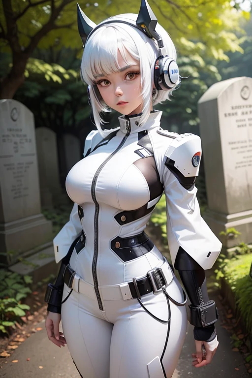 create me an image of dynamic model standing pose. Beautiful Indonesian white mecha-lady with black messy hairdo, her hands shape like giant white robotic-arms, big headphones, cute devil horns. she is wearing a white black futuristic mecha-long jacket. Inside, she is wearing a black zip turtle neck shirt, white mecha-belt, leg armor, white mecha-pants, white doc martens boots. Standing clenching fist up in a dark shady cemetery with many dry trees and tombstones. Fish eye lens. Close up
