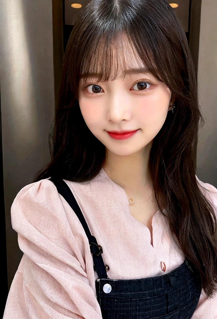 She has been a long time, Straight black hair with straight, naturally falling bangs.
Her face is oval、The contours are balanced。.
She is big, Expressive, round, dark eyes.
Her nose is small and well-shaped.
She has a small mouth、Lips are naturally plump, Smile warmly to appear friendly.
Her eyebrows are thin、Well-formed.
She exudes a clean and friendly atmosphere..
She is wearing a pink blouse.
She has a healthy and well-proportioned figure.
The overall appearance should reflect a friendly atmosphere., cute, Beautiful to look at.