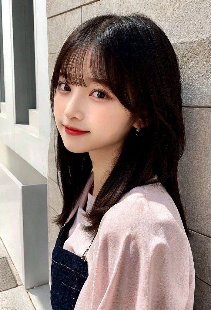 She has been a long time, Straight black hair with straight, naturally falling bangs.
Her face is oval、The contours are balanced。.
She is big, Expressive, round, dark eyes.
Her nose is small and well-shaped.
She has a small mouth、Lips are naturally plump, Smile warmly to appear friendly.
Her eyebrows are thin、Well-formed.
She exudes a clean and friendly atmosphere..
She is wearing a pink blouse.
She has a healthy and well-proportioned figure.
The overall appearance should reflect a friendly atmosphere., cute, Beautiful to look at.