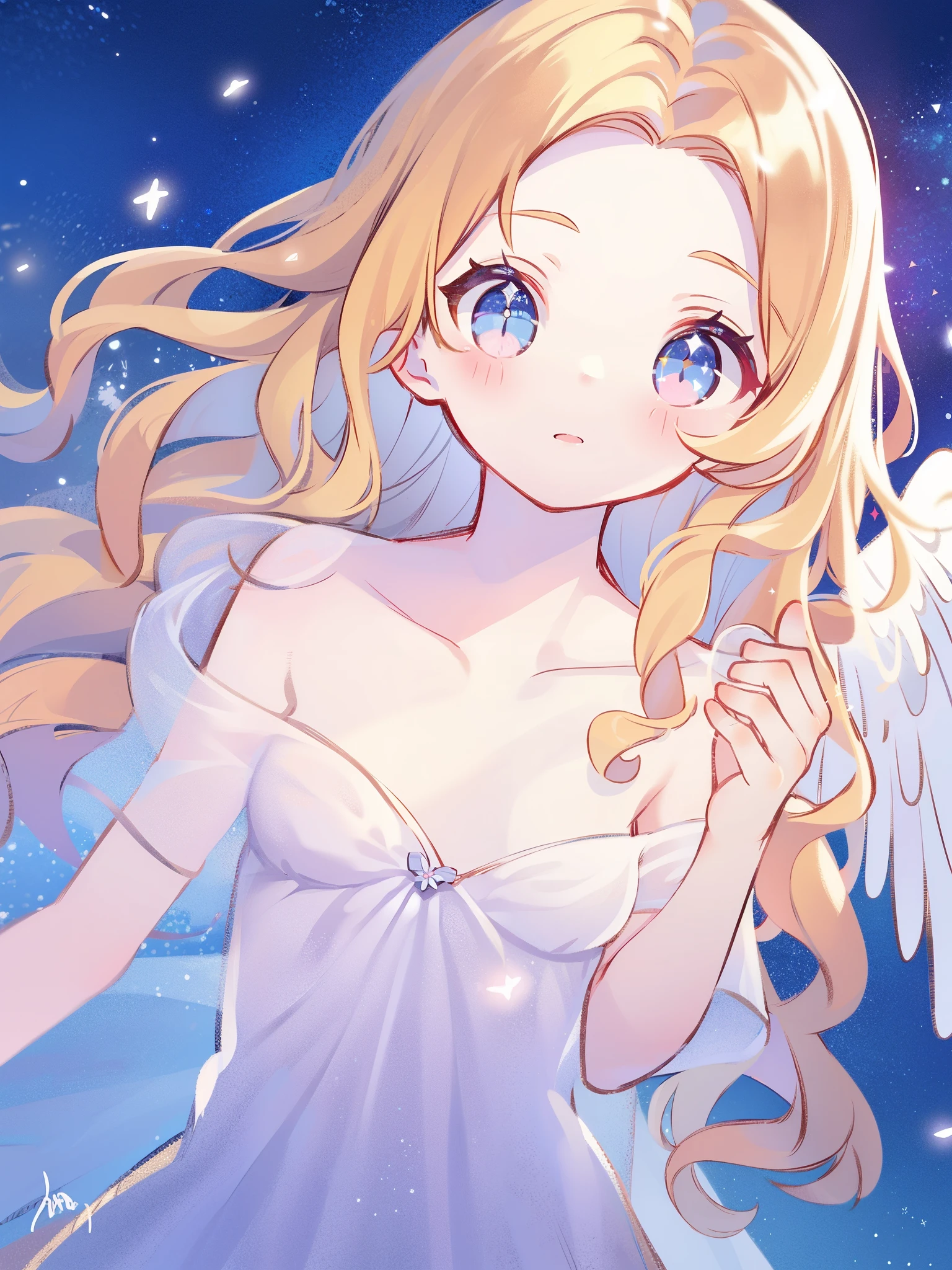 nude angel girl wearing an ethereal translucent dress, pale skin, ((white sparkling wavy hair)), white feathers, angel wings, sparkling detailed eyes, golden ratio face, perfect composition, highly detailed, ethereal, (starry night sky background), midjourney style