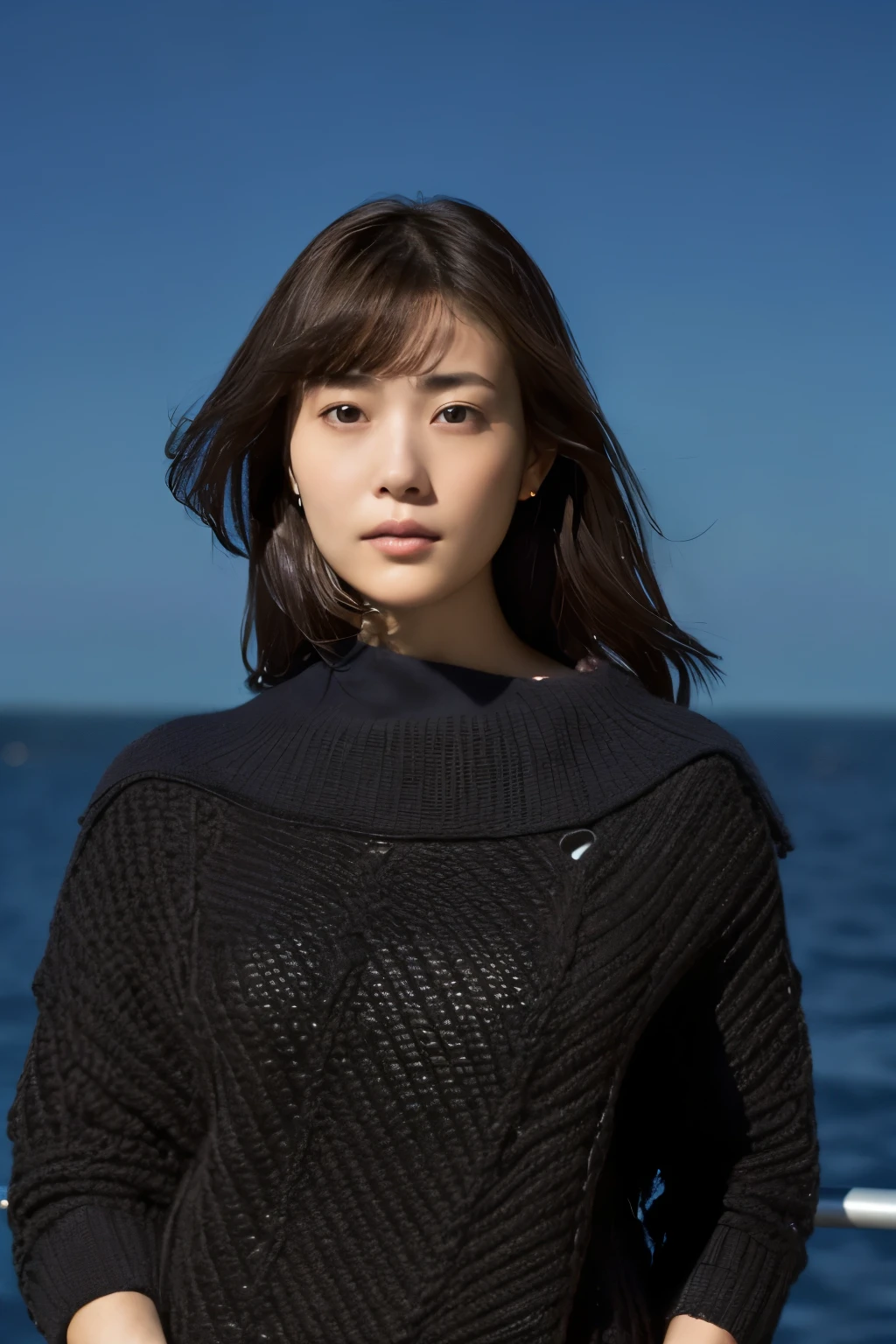 (knitwear), (top-quality, masterpiece:1.3, Super high resolution), (Photorealsitic:1.4, RAW shooting), Ultra-realistic capture, A highly detailed, high-definition 16K for human skin, Wistful, A skinny Japanese woman, 30 years old, cute face, ((Sadness face)), detailed face, detailed eyes, ((correct anatomy)), A dark-haired, Middle hair, ((Background of the sea in a starry night)), (((looking up afar at starry sky))), hair blowing in the wind