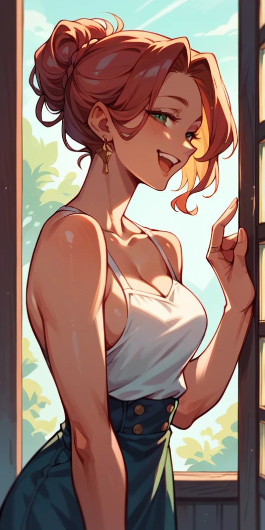 Beautiful woman is happy when she looks at the sunlight coming out of the window