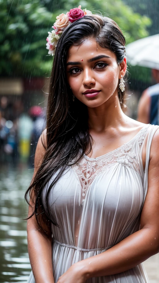 A masterpiece! A stunning Indian girl, her disheveled hair a testament to the torrential rain that surrounds her. Beautiful, detailed eyes sparkle with joy as she gazes directly at the viewer, her long locks tied back in a neat bun. She wears a casual t-shirt, slightly transparent from the wetness, and her medium-round breasts are subtly visible beneath. In a side pose, she revels in the heavy rain shower, her big cheeks flushed with happiness. The street background is a blurred Bokeh, while raindrops glisten on her skin, capturing the essence of a carefree rainy day.rain drops,paid girl , heavy rain, slightly show half nipple , very sexy (conveying love to boy friend) flowers on head belle dame blonde amazighe, porter une robe kabyle, berbère, robe kabyle, realistic, joli, Tizi Ouzou, toabyle, femmekabyle, ouadhyas,robe kabyle, visage parfait, Créez une illustration numérique mettant en scène une femme kabyle portant fièrement ses vêtements traditionnels. Highlight the refined details of her dress, les motifs colorés et les ornements distinctifs de sa culture. Capturez l'expression gracieuse de son visage et la force tranquille de son regard, reflétant ainsi la beauté et la dignité de l'héritage kabyle.
