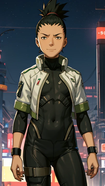 (8k),(masterpiece),(Japanese),(13-year-old boy),((innocent look)),((Childish)),From the front,smile,cute,Innocent,Kind eyes,Flat chest, Nara Shikamaru wearing cyberpunk bodysuit,Short,Hair blowing in the wind, Black ponytail Hair,Strong wind,night,dark, Neon light cyberpunk Konoha Space Station