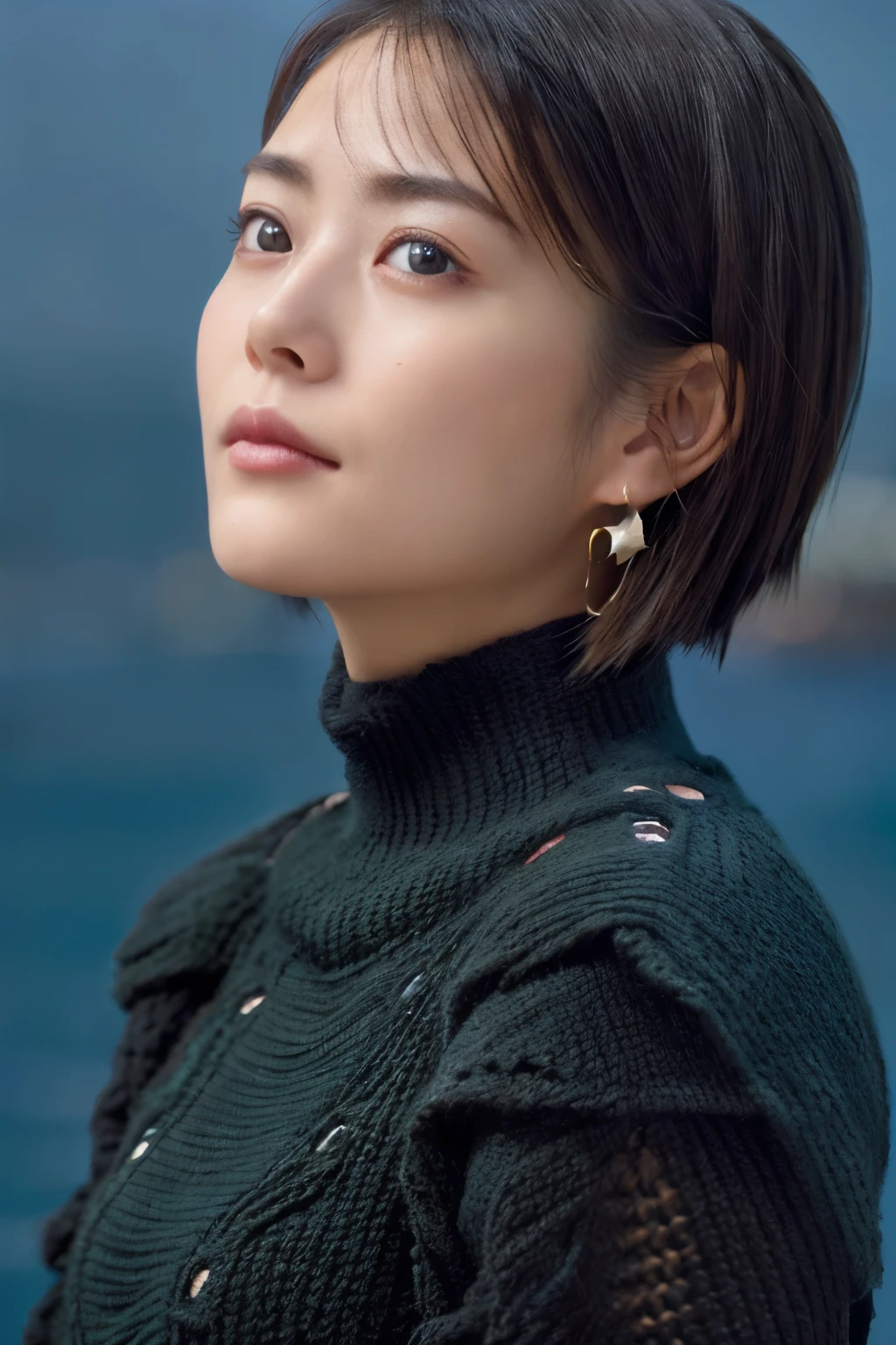 (knitwear), (top-quality, masterpiece:1.3, Super high resolution), (Photorealsitic:1.4, RAW shooting), Ultra-realistic capture, A highly detailed, high-definition 16K for human skin, Wistful, A skinny Japanese woman, 30 years old, cute face, ((Sadness face)), detailed face, detailed eyes, ((correct anatomy)), A dark-haired, Middle hair, ((Background of the sea in a starry night)), (((looking up afar at starry sky))), hair blowing in the wind