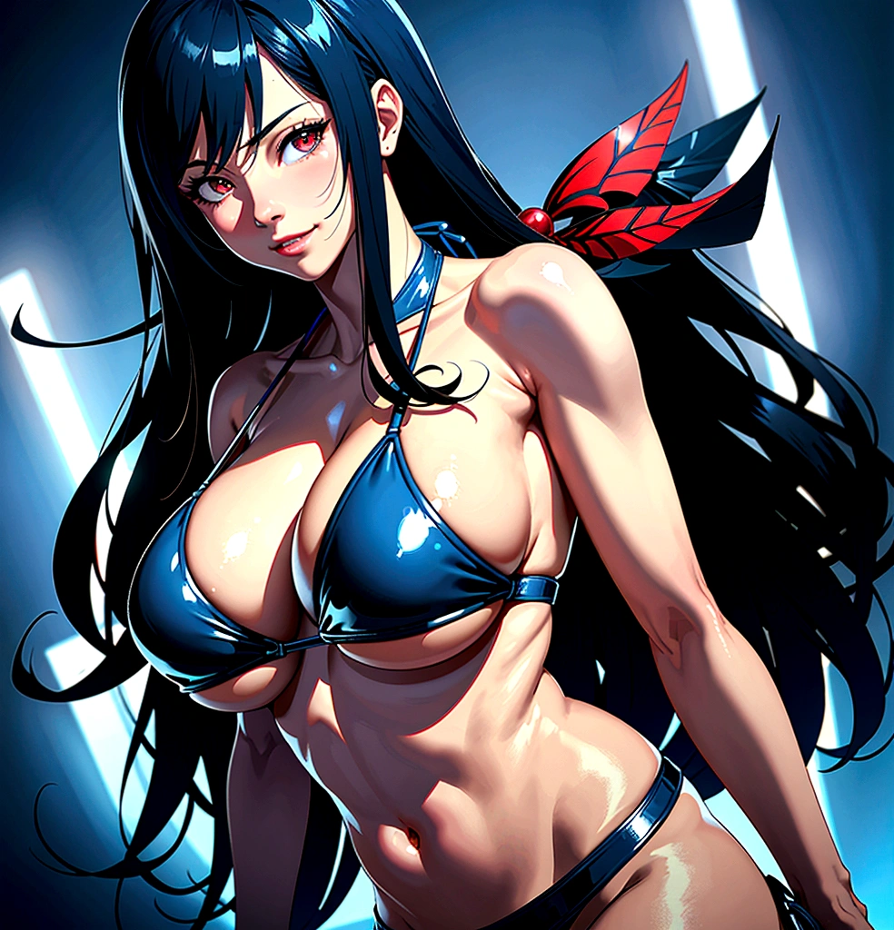 (8k, best quality, masterpiece:1.2), (realistic, photo-realistic:1.37), ultra-detailed, 1 girl,cute, solo, (tifa lockhart), (enormous breasts:1.5),(beautiful detailed eyes), (smile:1.2), (closed mouth), erotic pose, dancing, depth of field, dark intense shadows, sharp focus, depth of field, good composition, Final Fantasy VII, (blue latex bikini:1.5), full body, head rest, lips, pretty face, low-tied long hair, ((red_eyes:1.2)), (night:1.3), intricate, bokeh, cinematic lighting, photon mapping, radiosity, physically-based rendering, (Tetsuya Nomura style), nsfw, perfect breasts, (in futuristic neon city)