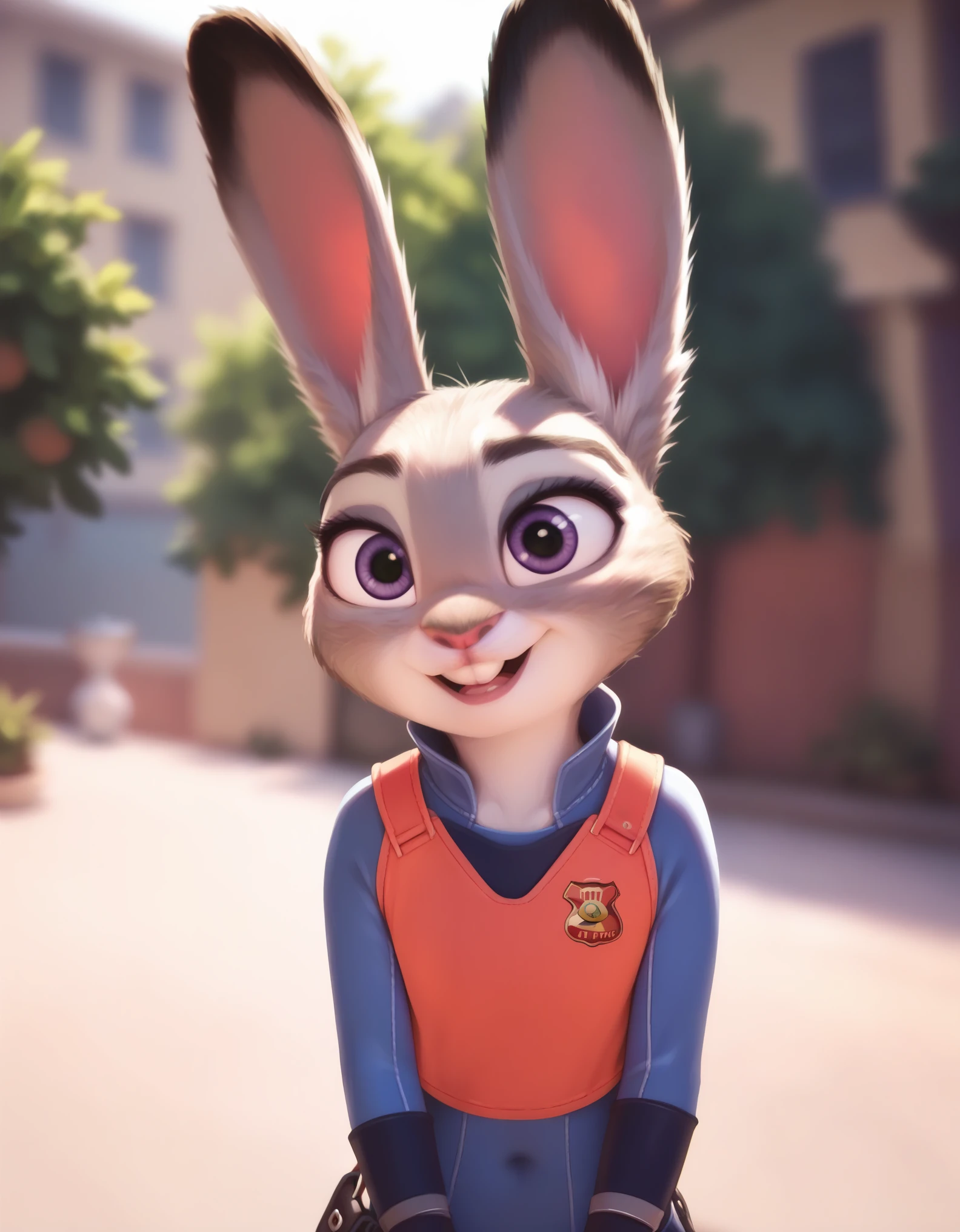 female,  judyhopps, ((slim judy hopps)), (front view), (cinematic lighting), backlighting, (shaded), detailed background, by dagasi, (by personalami), [by Ruan Jia],, (solo), photorealistic, hyperrealistic,