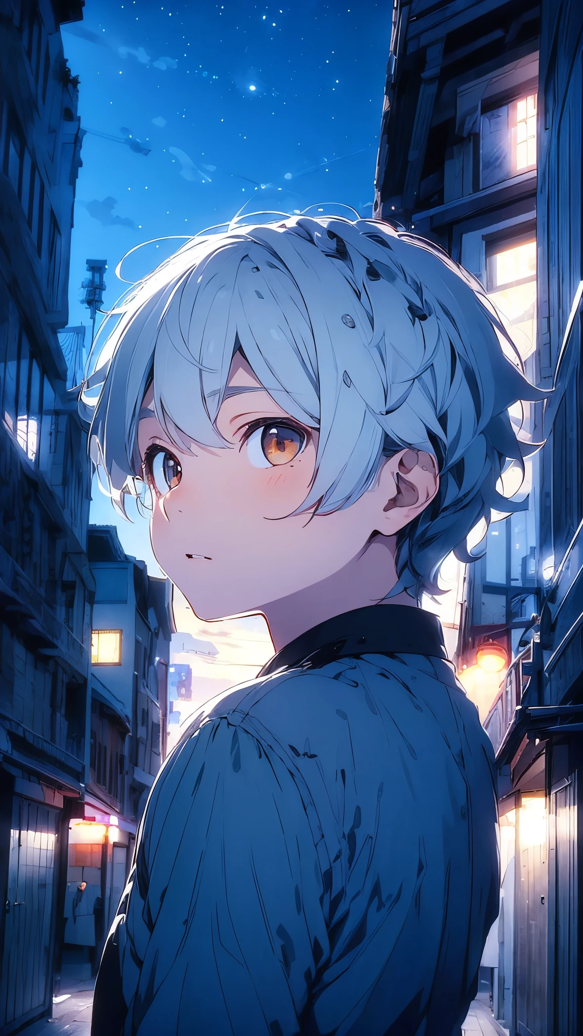 A half-body portrait of a  boy with Smoky white hair, brown eyes ,wearing black suit.black tone, look back at the half-body image. look back. city view at night