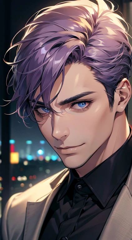 (best quality,4k,8k,highres,masterpiece:1.2),ultra-detailed,(realistic,photorealistic,photo-realistic:1.37),1 man,31 years old,mature man,very handsome,without expression,smile,short grey purple hair,blue eyes,penetrating gaze,perfect face without errors,imposing posture,businessman,office background,cinematic lighting,hdr image