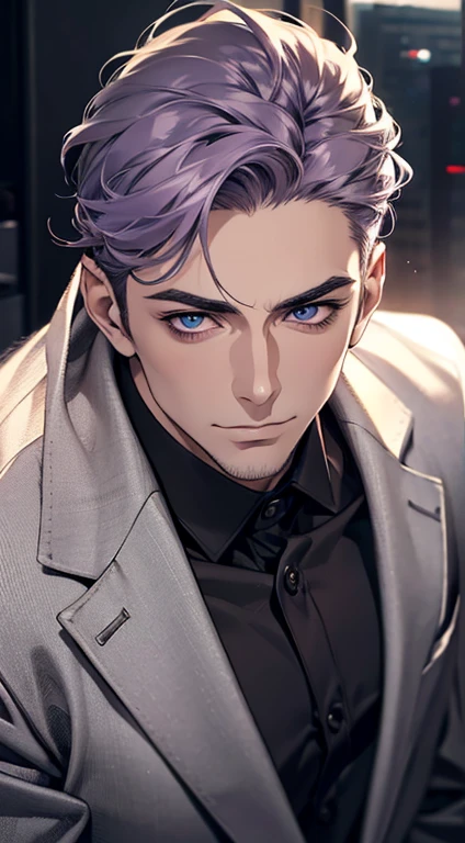 (best quality,4k,8k,highres,masterpiece:1.2),ultra-detailed,(realistic,photorealistic,photo-realistic:1.37),1 man,31 years old,mature man,very handsome,without expression,smile,short grey purple hair,blue eyes,penetrating gaze,perfect face without errors,imposing posture,businessman,office background,cinematic lighting,hdr image