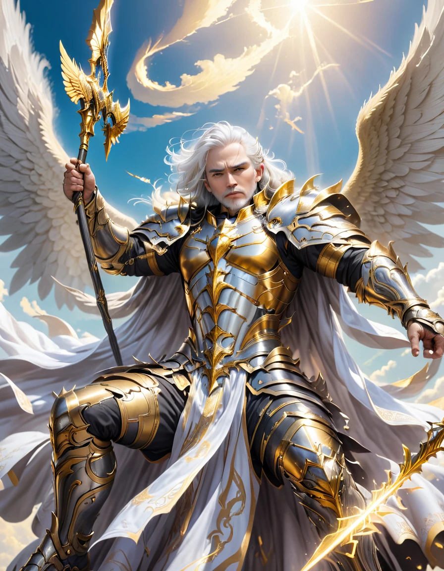 A god with golden armor. With furious wings. Fly in the sky. White hair. White beard. Men. A staff in his hand. Sit. Full body. 