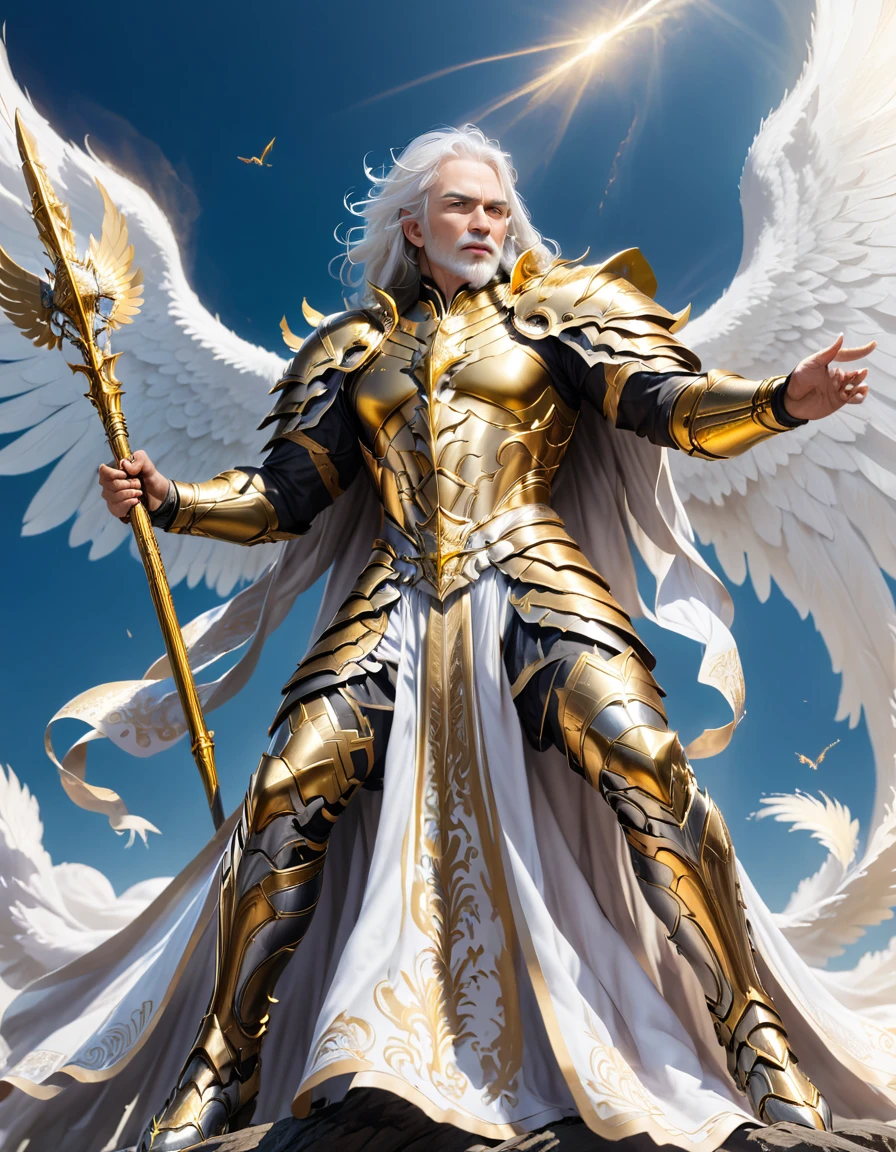 A god with golden armor. With furious wings. Fly in the sky. White hair. White beard. Men. A staff in his hand. Sit. Full body. 