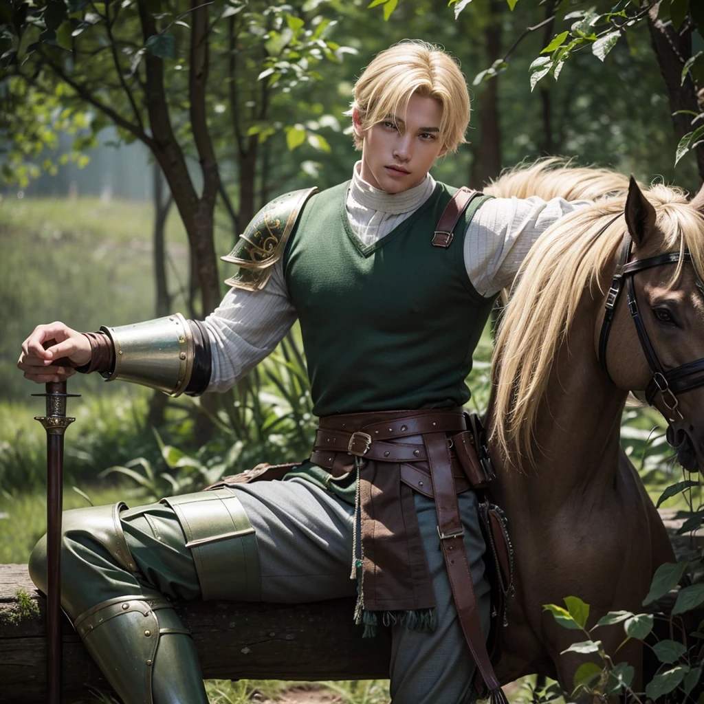 Male Youth with blonde hair, brown eyes and fair skin, wearing green medieval knight armor and gray trousers, gauntlets and boots, weilding spear, fullbody, medieval background, muscular