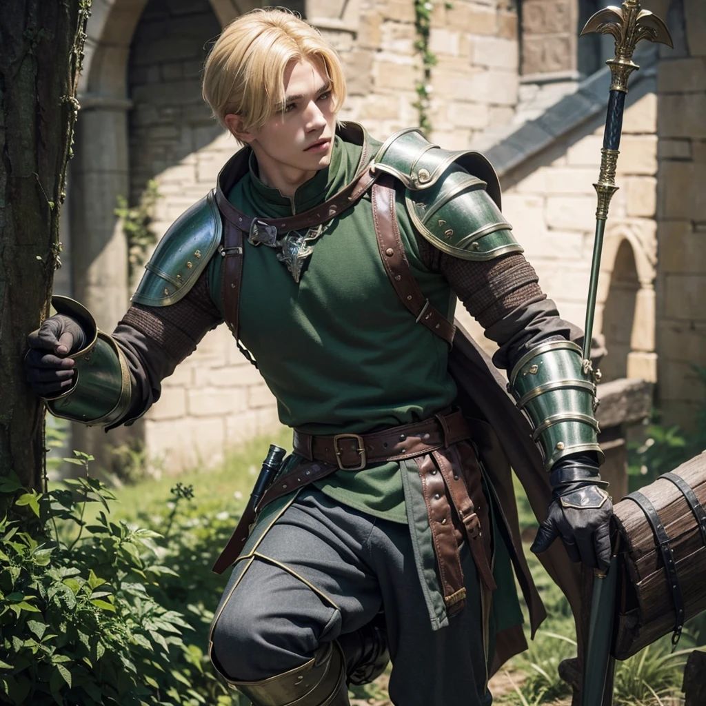Male Youth with blonde hair, brown eyes and fair skin, wearing green medieval knight armor and gray trousers, gauntlets and boots, weilding spear, fullbody, medieval background, muscular