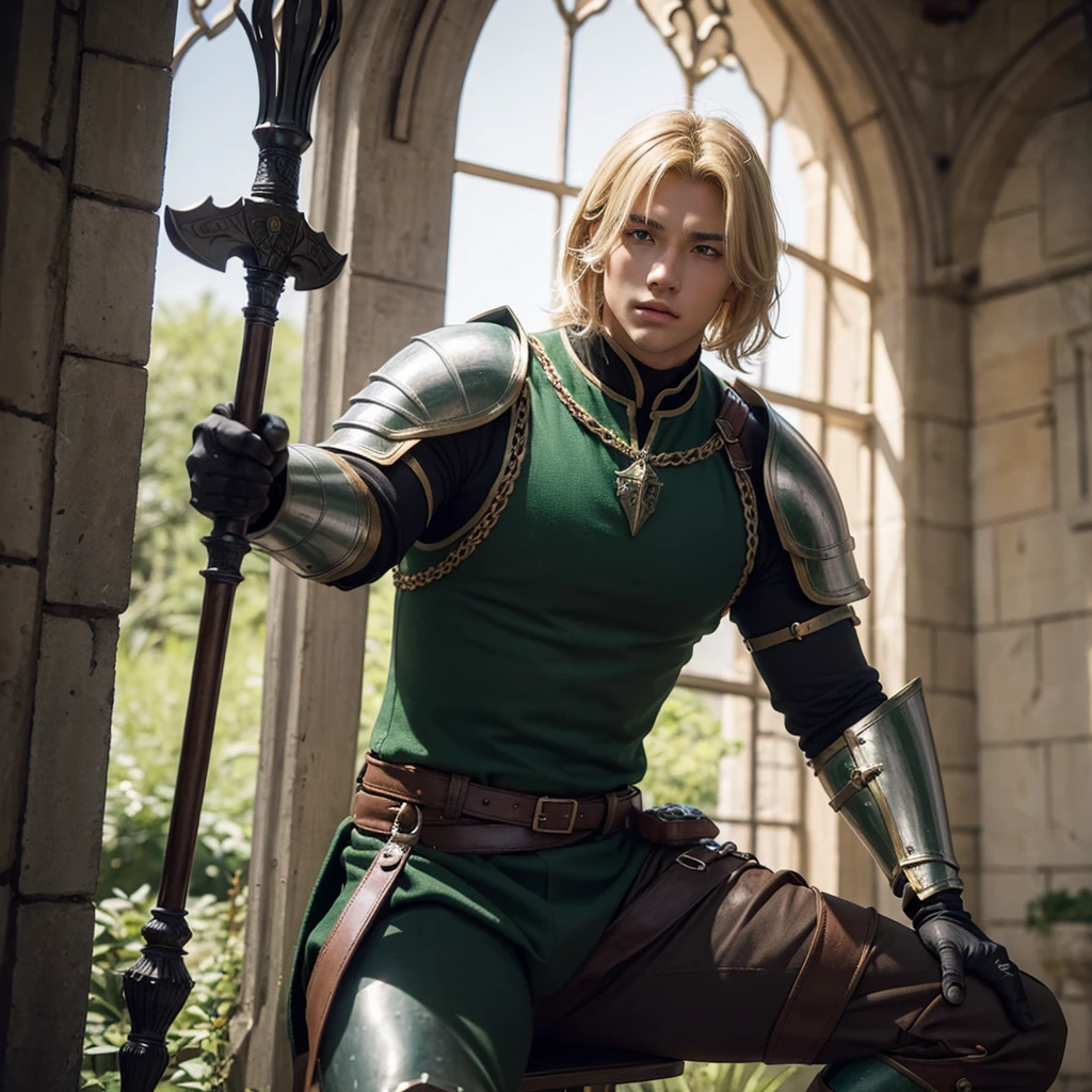 Male Youth with blonde hair, brown eyes and fair skin, wearing green medieval knight armor and gray trousers, gauntlets and boots, weilding spear, fullbody, medieval background, muscular