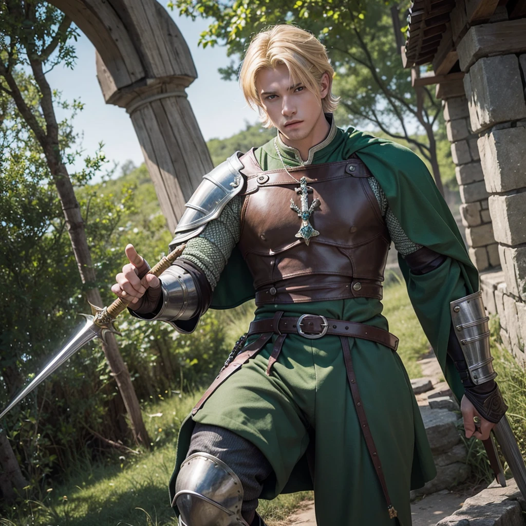 Male Youth with blonde hair, brown eyes and fair skin, wearing green medieval knight armor and gray trousers, gauntlets and boots, weilding spear, fullbody, medieval background, muscular