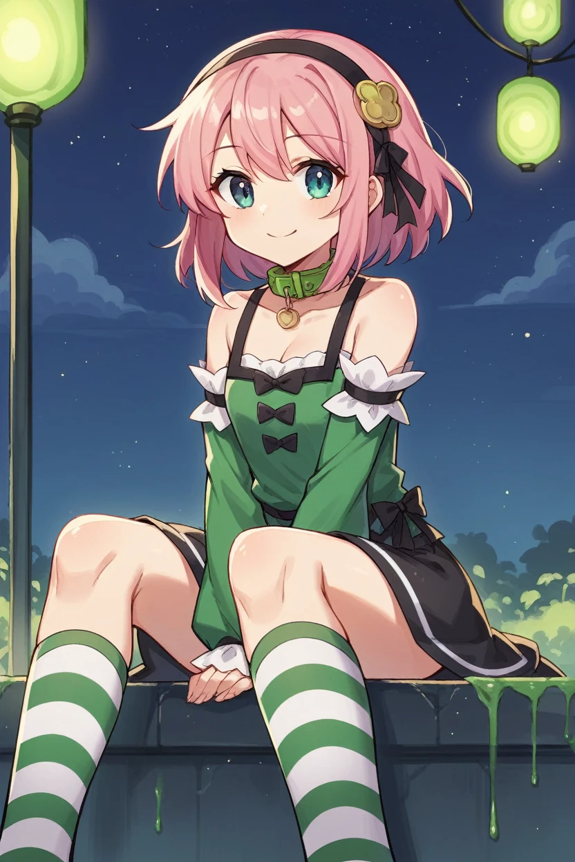 score_9, score_8_superior, sauce_anime, Blake 1girl tlrmomo, Pink Hair, hair ornaments, hair band, Black and green dress, Detachable collar, Removable sleeves, Black Skirt, Striped knee socks, Sitting, Night Sky, 屋superior, smile, I'm watching you
