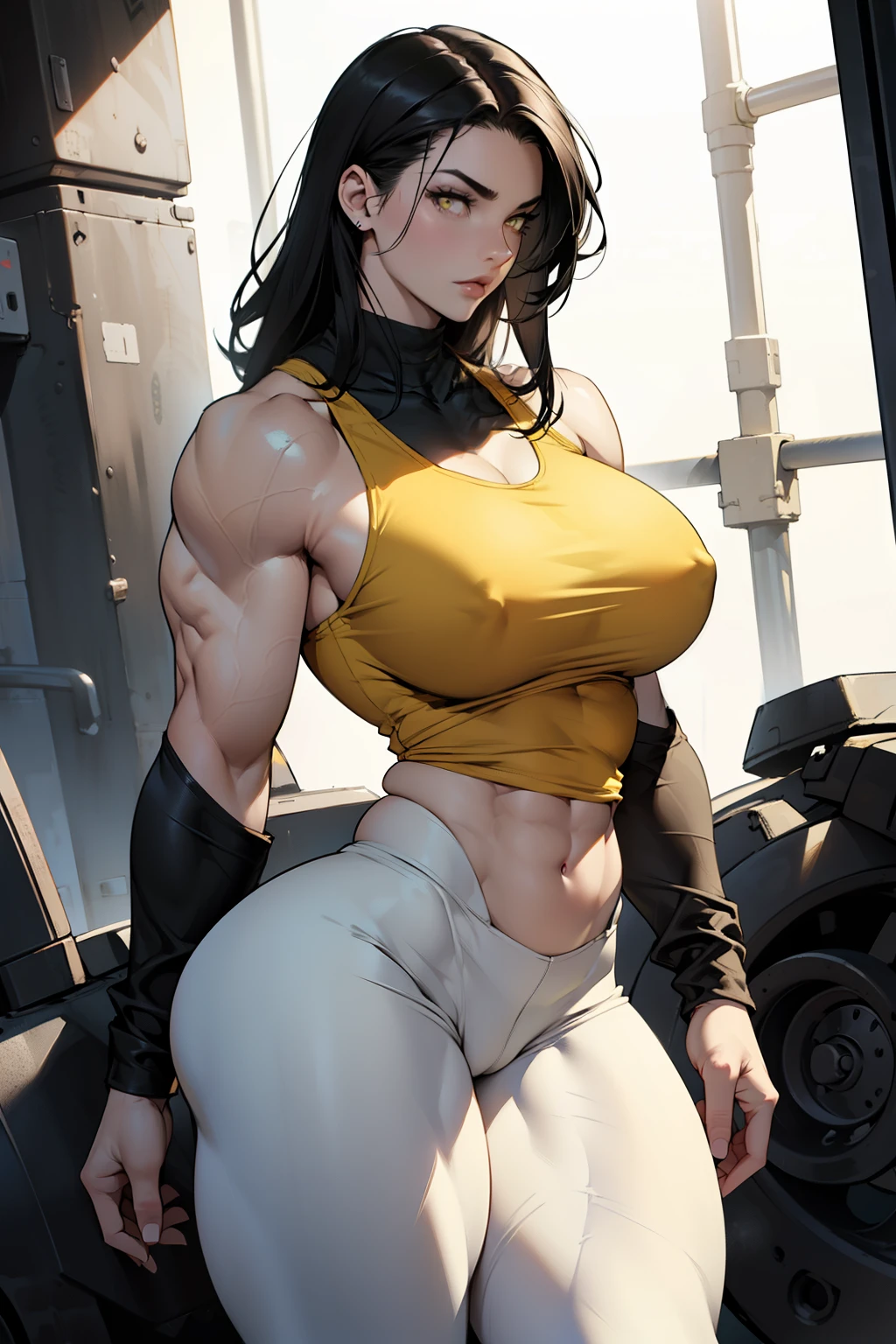 pale skin ((1girl bodybuilder muscular toned body wide hips thick thighs curvy huge tits)) black hair yellow eyes tank top leggings