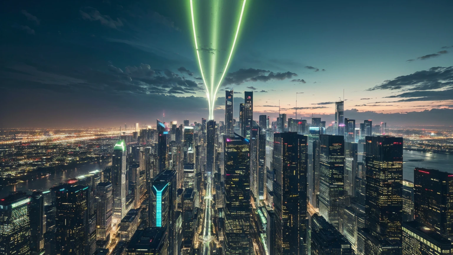 (best quality,4k,8k,highres,masterpiece:1.2),ultra-detailed,(realistic,photorealistic,photo-realistic:1.37),futuristic city, lush green gardens, flying cars, skyscrapers, advanced architecture, gleaming metallic structures, neon lights, hover trains, peaceful cityscape, serene atmosphere, cinematic angle, dramatic lighting, vibrant colors, elegant design