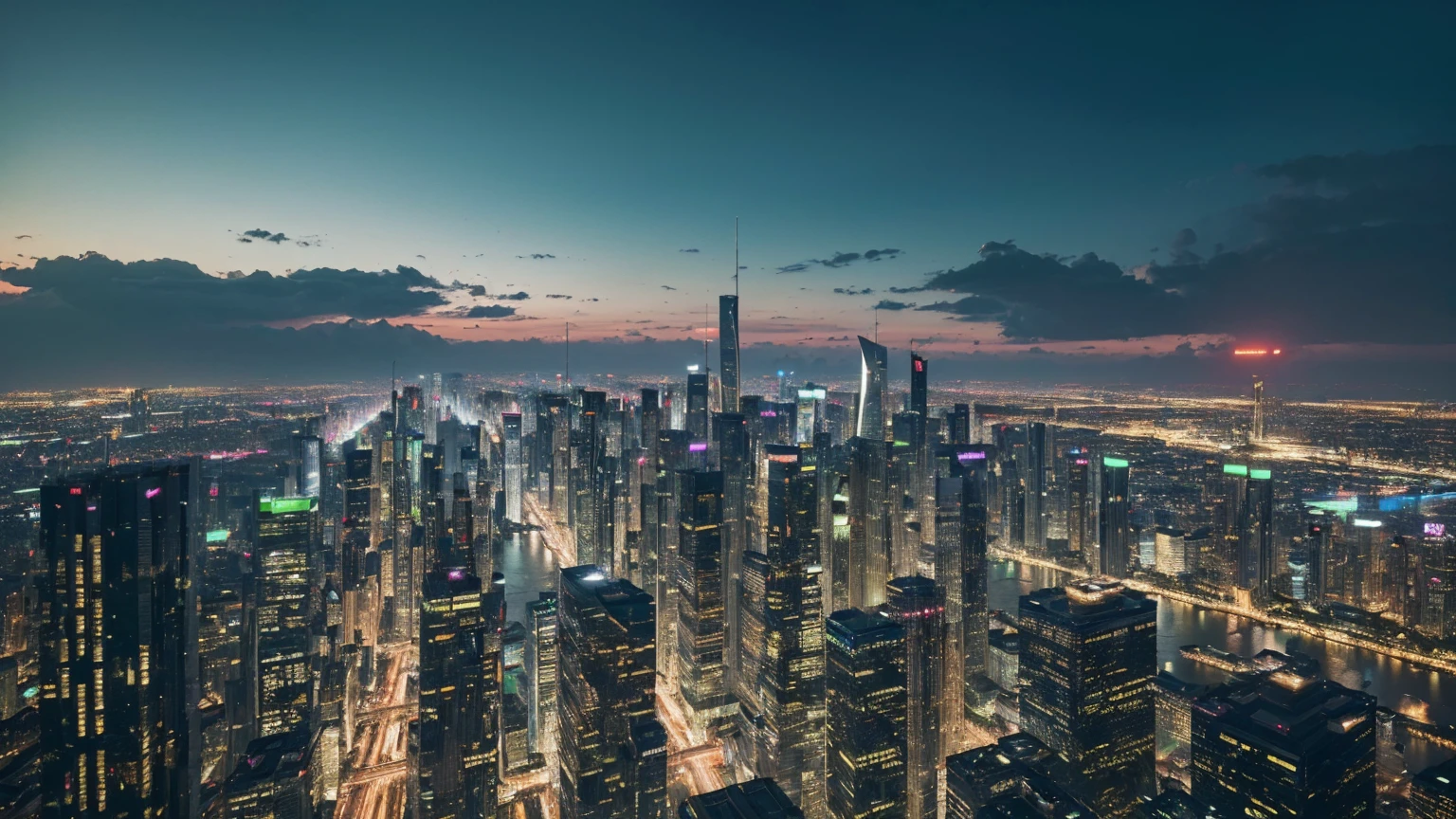 (best quality,4k,8k,highres,masterpiece:1.2),ultra-detailed,(realistic,photorealistic,photo-realistic:1.37),futuristic city, lush green gardens, flying cars, skyscrapers, advanced architecture, gleaming metallic structures, neon lights, hover trains, peaceful cityscape, serene atmosphere, cinematic angle, dramatic lighting, vibrant colors, elegant design