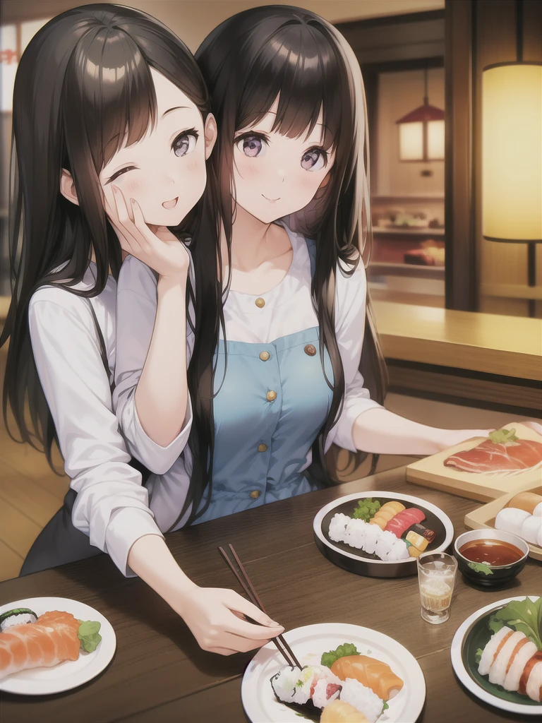 In the sushi restaurant,Smiling young woman holding a plate of sushi。She has long black hair,Wearing light blue casual clothes.、Pick up your chopsticks and prepare to eat sushi。On her plate、Colorful sushi rolls and nigiri are neatly arranged。In the background you can see other customers and the sushi conveyor belt.、The atmosphere in the restaurant is very lively。This scene highlights her happy mood and the moment she enjoys sushi.。
