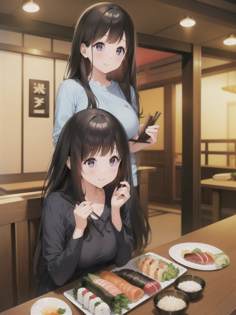 In the sushi restaurant，Smiling young woman holding a plate of sushi。She has long black hair，Wearing light blue casual clothes.、Pick up your chopsticks and prepare to eat sushi。On her plate、Colorful sushi rolls and nigiri are neatly arranged。In the background you can see other customers and the sushi conveyor belt.、The atmosphere in the restaurant is very lively。This scene highlights her happy mood and the moment she enjoys sushi.。
