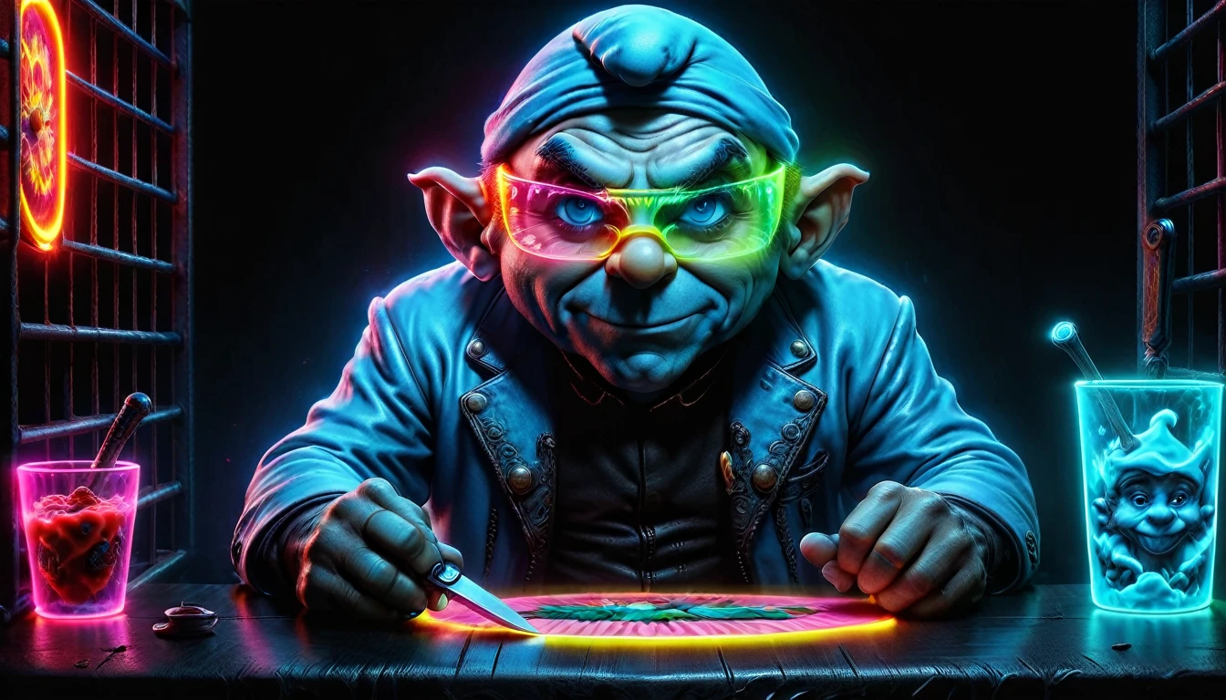 create an image demonstrating the style of ((psychedelic Gargamel Smurf wears glowing neon glasses: 1.44)), ((neon lighting)), hyperrealism, 8K high resolution, vivid colors, sharp focus, ((Extremely detailed horror scene, ((Gargamel Smurf sits at the table )) holds a shiny, bloody knife in his hand)), ((on the table, in the background ((small Smurf)) in steel cages))