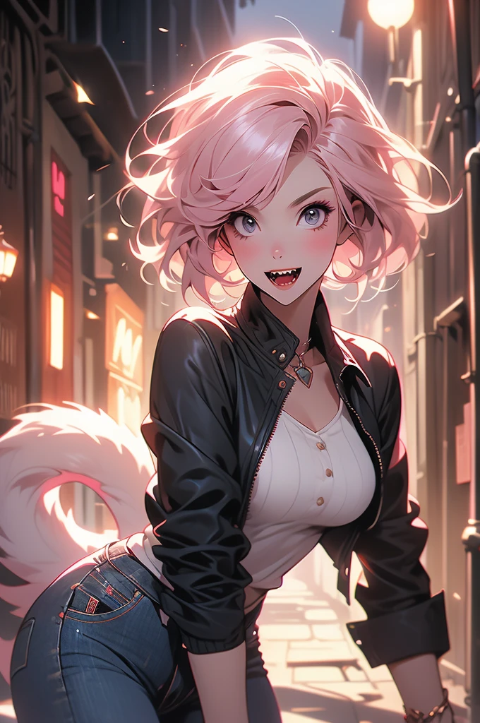 1girl, medieval city, dark alley, catgirl vampire, short pink hair, bob cut, , jeans, jacket, sharp teeth, sleek tail, timid, shy, open mouth