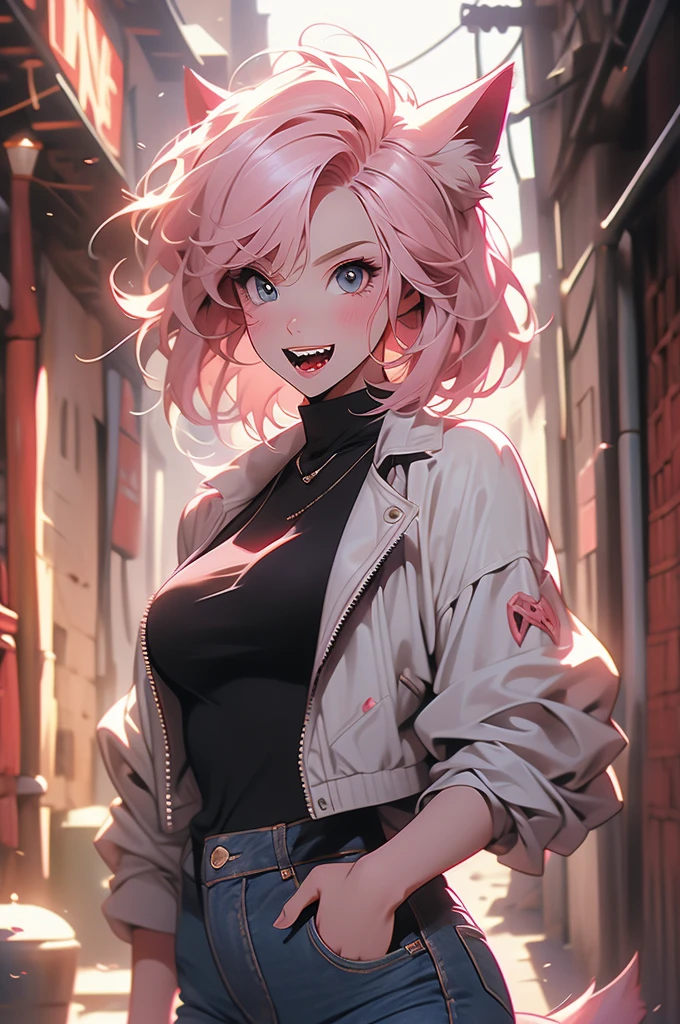 1girl, medieval city, dark alley, catgirl vampire, short pink hair, bob cut, , jeans, jacket, sharp teeth, sleek tail, timid, shy, open mouth