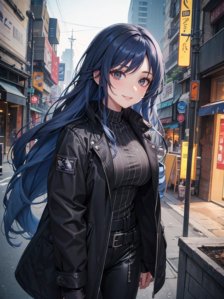 woman, long curry wavy steel blue hair, dark gray black eyes, independent woman, kind smile. mature woman. mafia. wear jacket. girl boss. doctor.